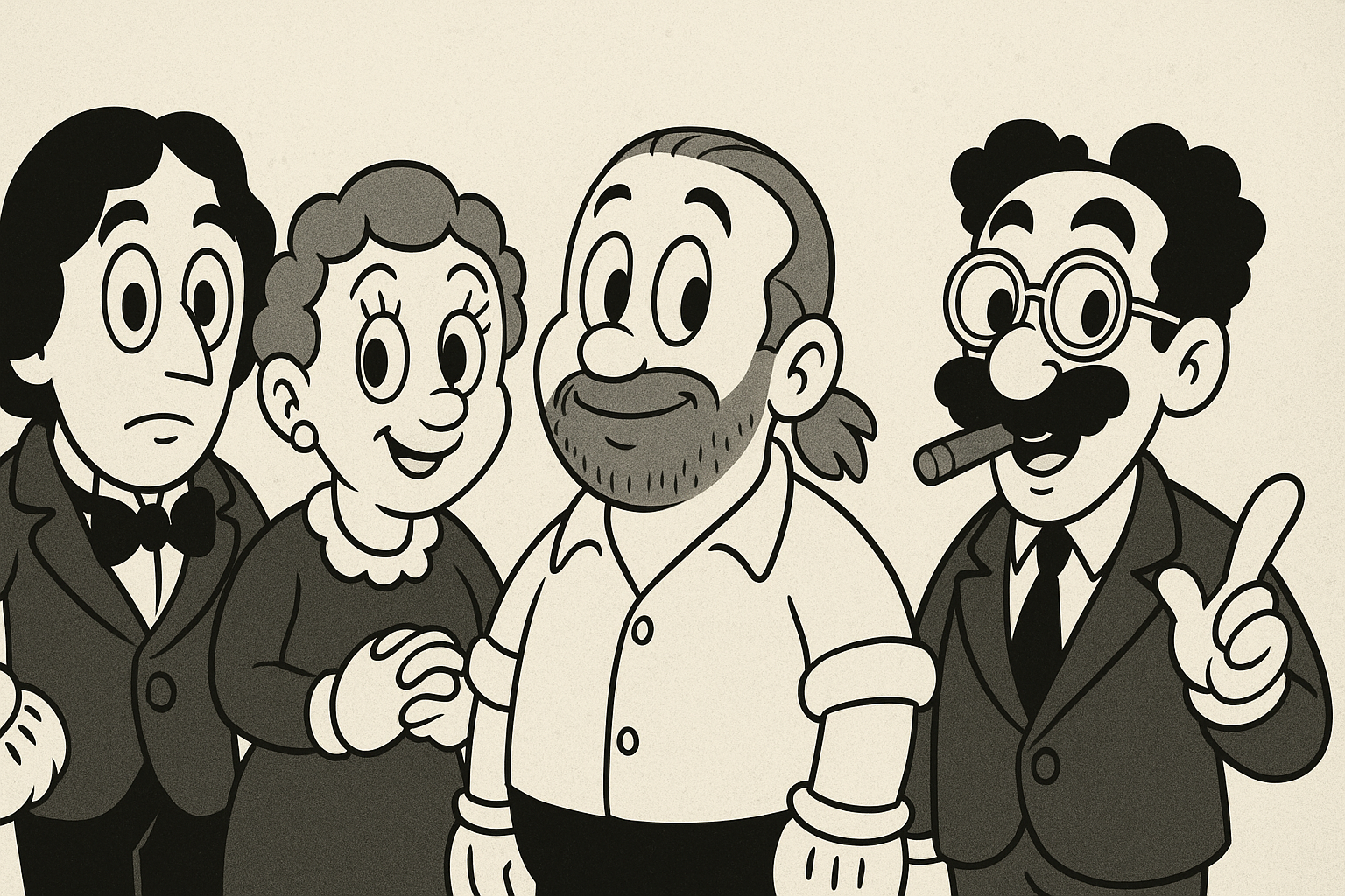 Cartoon illustration of Oscar, Agatha, Gent and Groucho together