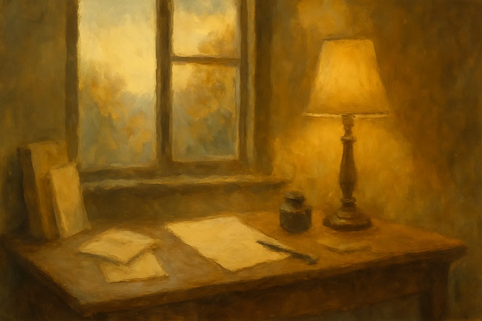 A handwritten letter and an ink pen beside a softly glowing vintage lamp on a wooden desk
