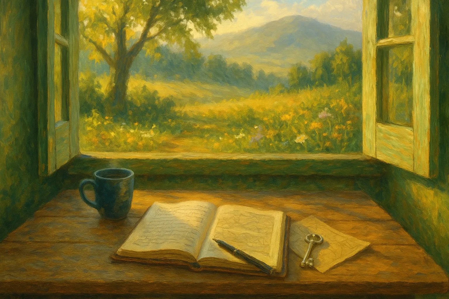 Morning writing ritual—journal, pen, and warm light